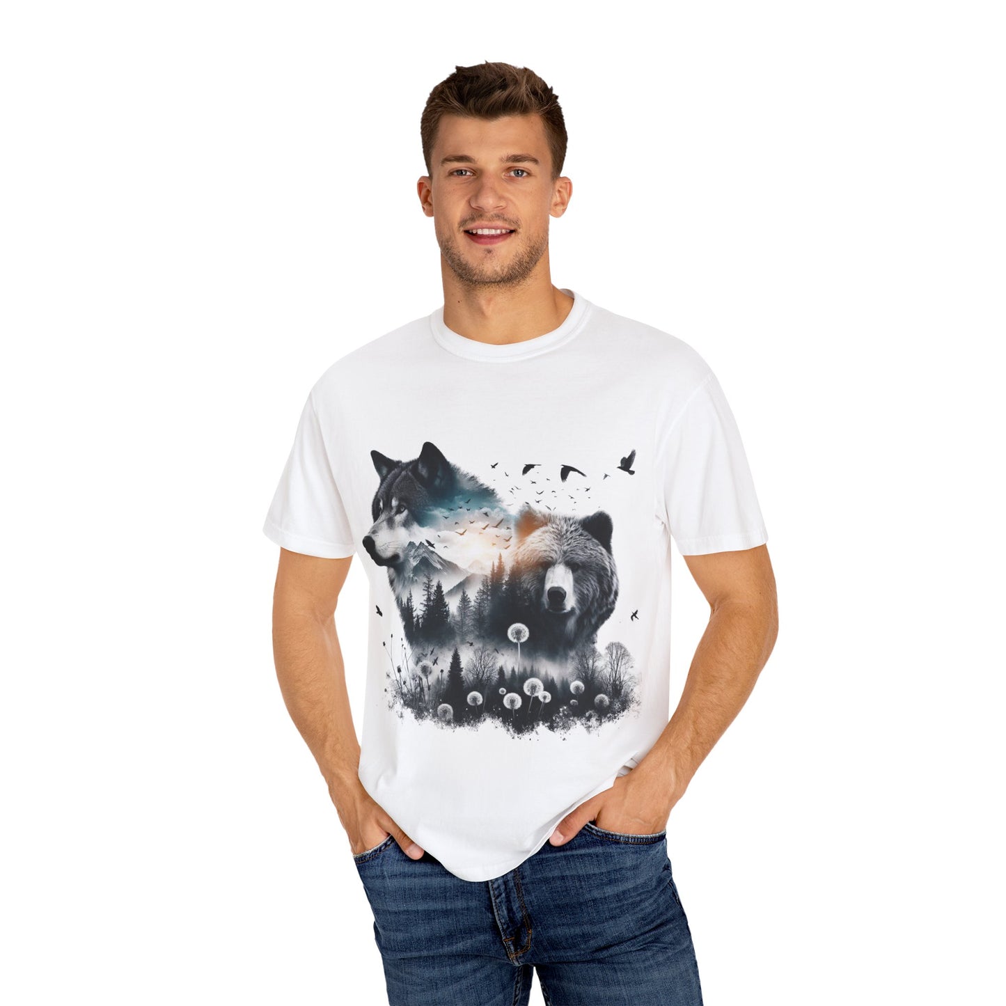 Nature-Inspired Graphic T-Shirt, Wolf and Bear Design, Unisex Nature Tee, Adventure Shirt, Hiking Apparel