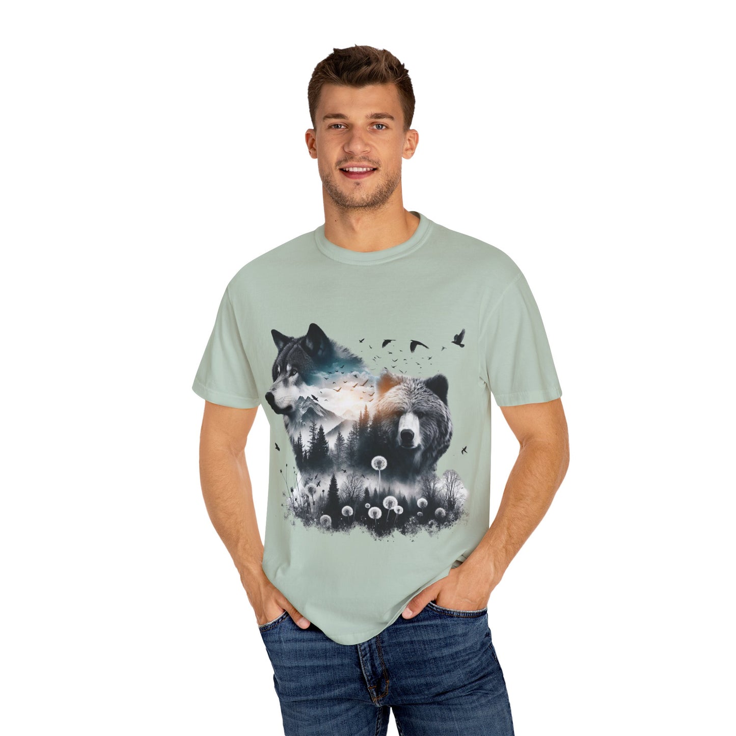 Nature-Inspired Graphic T-Shirt, Wolf and Bear Design, Unisex Nature Tee, Adventure Shirt, Hiking Apparel