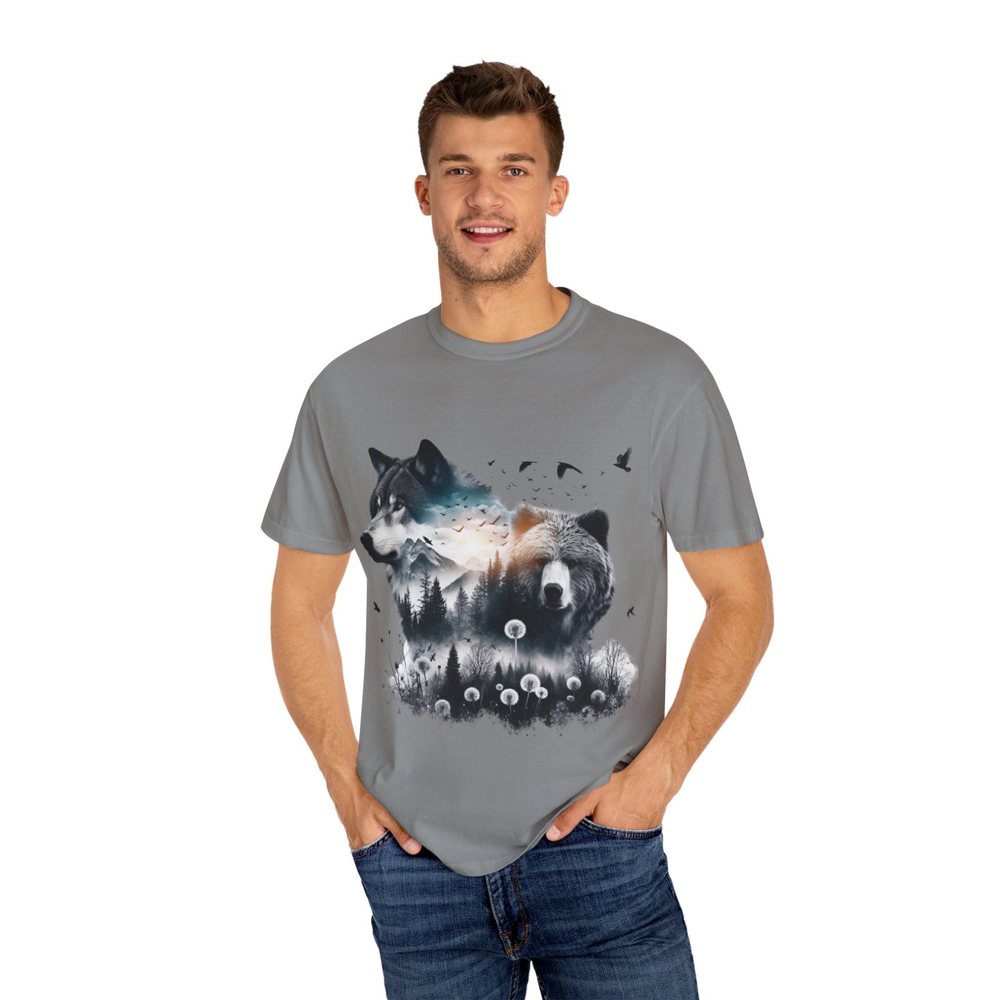 Nature-Inspired Graphic T-Shirt, Wolf and Bear Design, Unisex Nature Tee, Adventure Shirt, Hiking Apparel