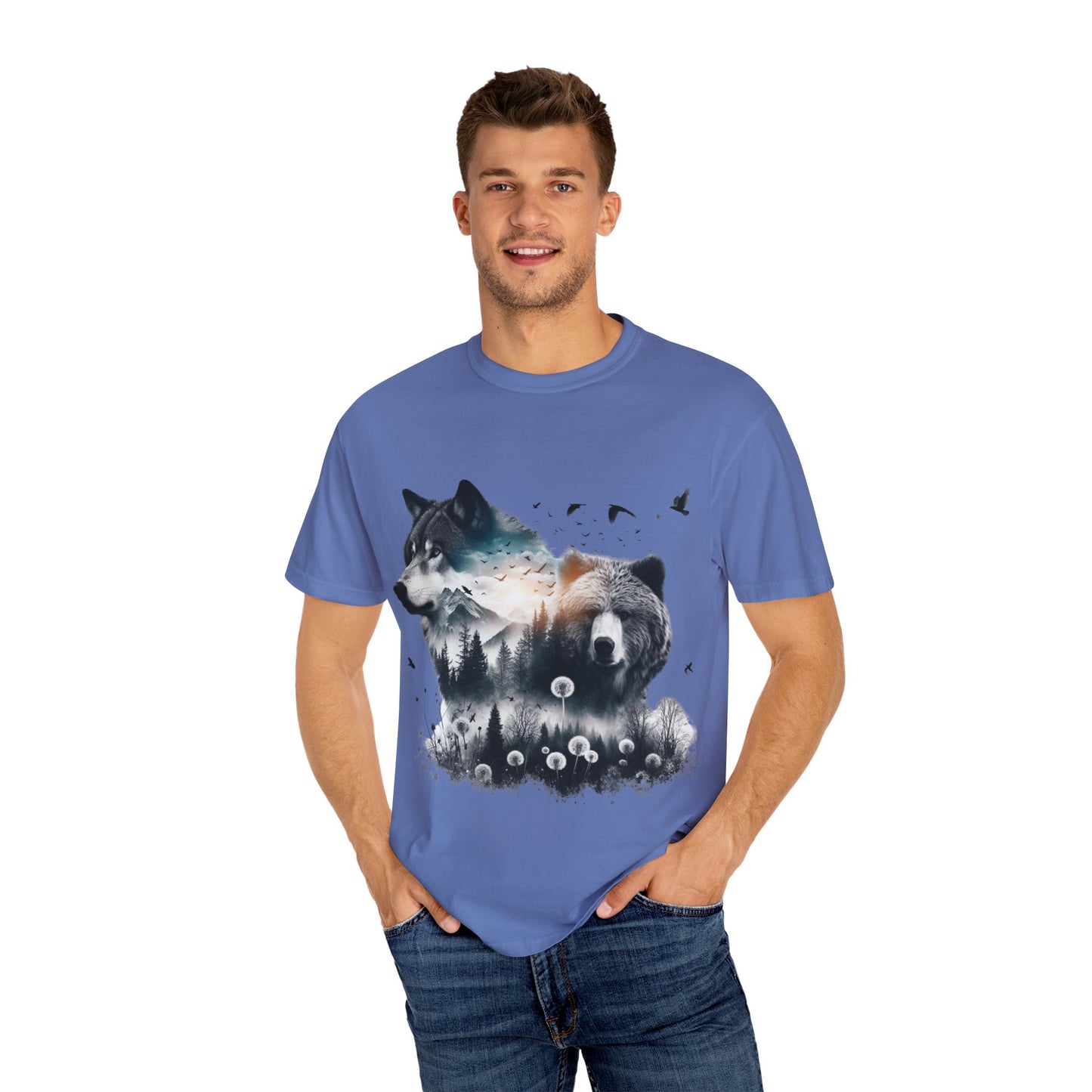 Nature-Inspired Graphic T-Shirt, Wolf and Bear Design, Unisex Nature Tee, Adventure Shirt, Hiking Apparel
