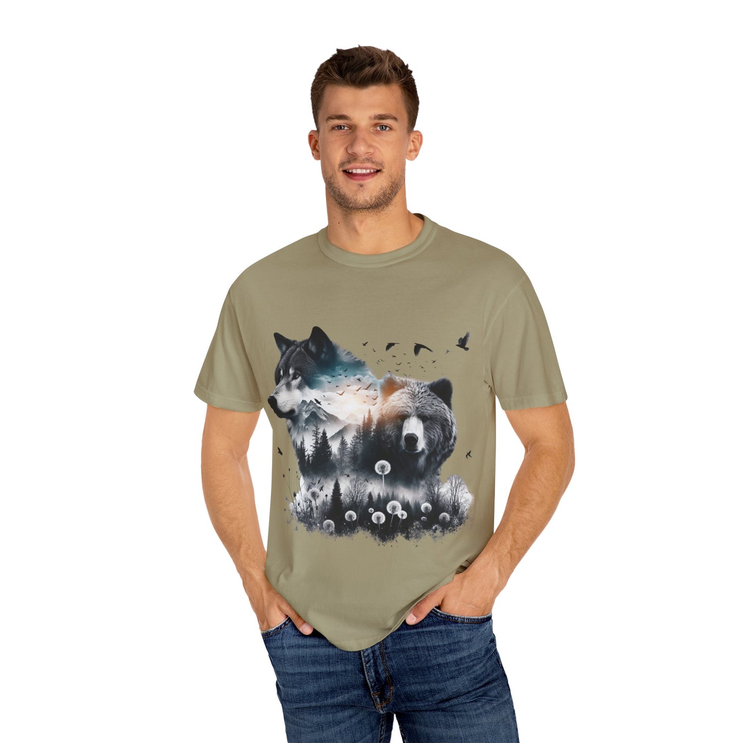 Nature-Inspired Graphic T-Shirt, Wolf and Bear Design, Unisex Nature Tee, Adventure Shirt, Hiking Apparel