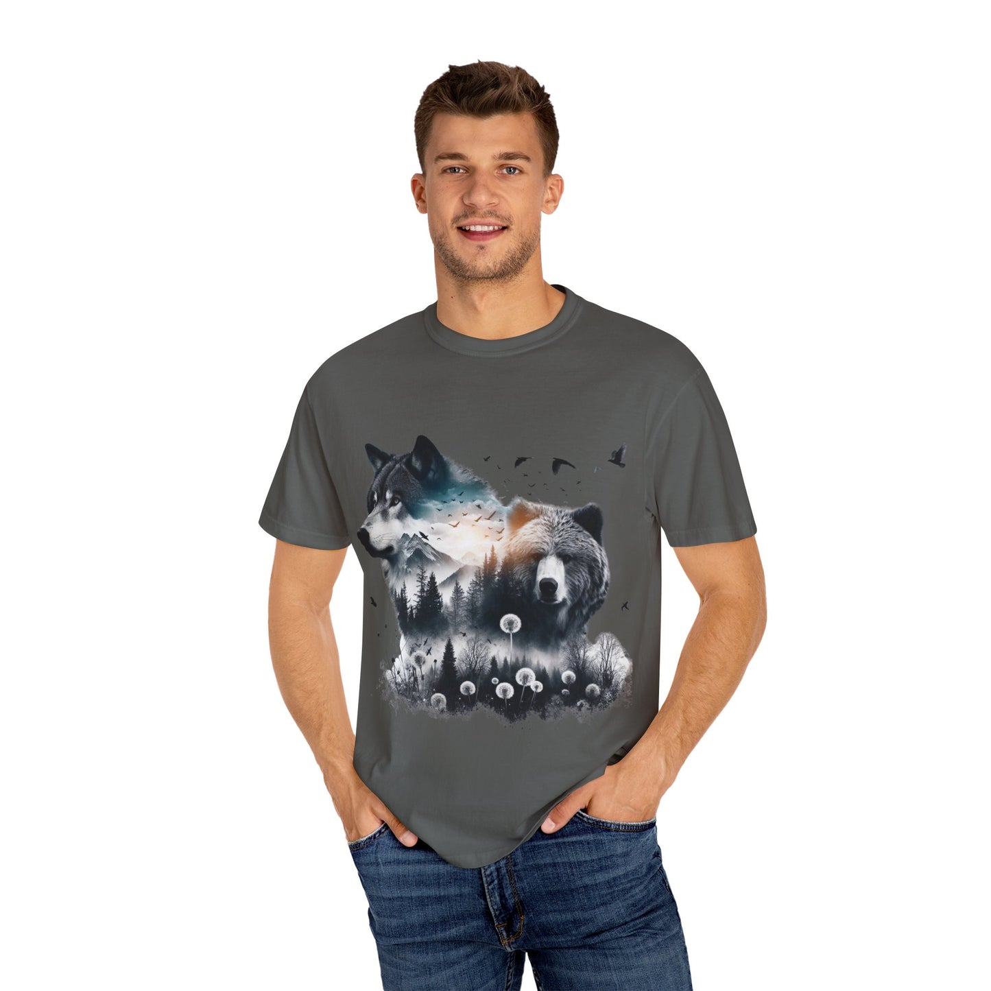 Nature-Inspired Graphic T-Shirt, Wolf and Bear Design, Unisex Nature Tee, Adventure Shirt, Hiking Apparel