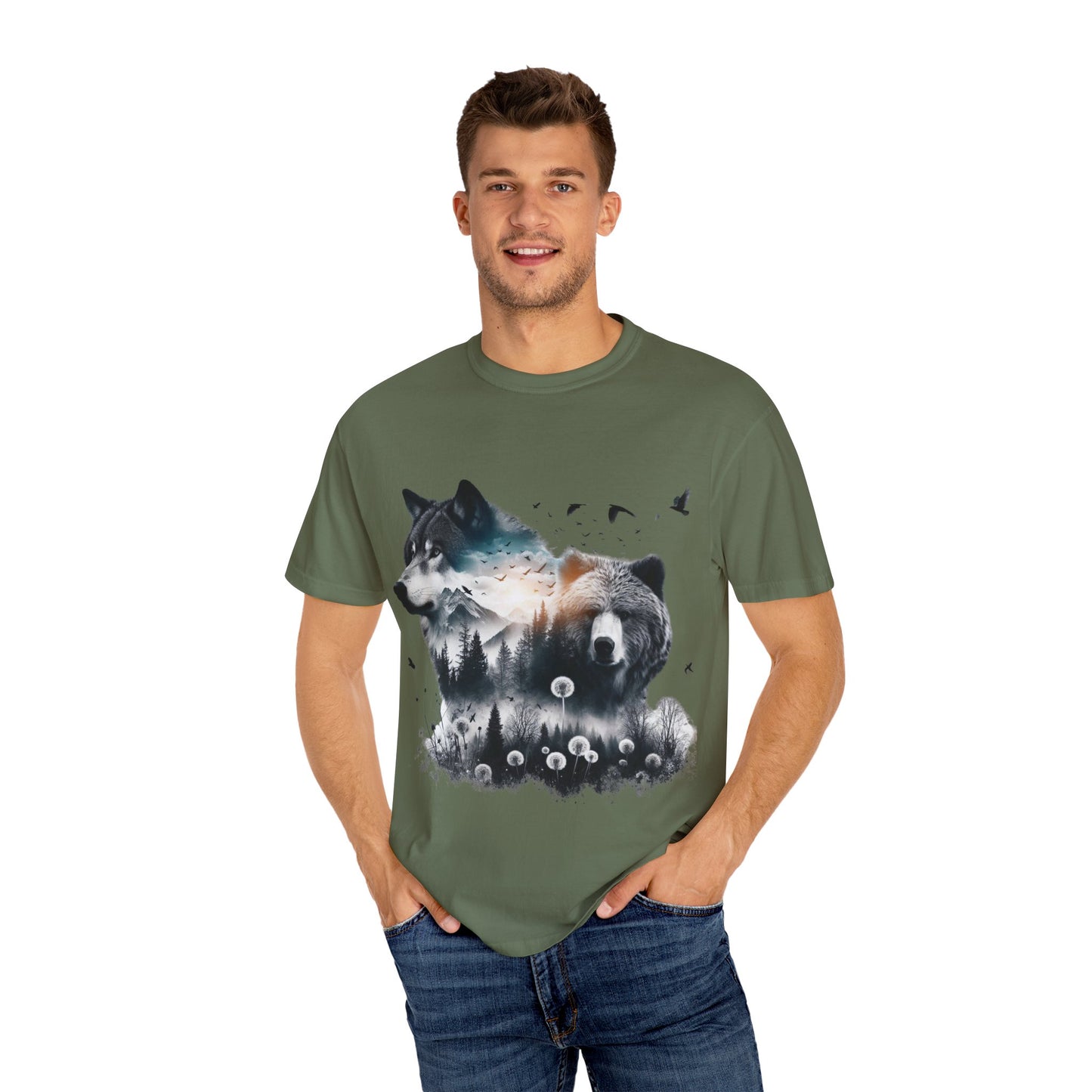 Nature-Inspired Graphic T-Shirt, Wolf and Bear Design, Unisex Nature Tee, Adventure Shirt, Hiking Apparel