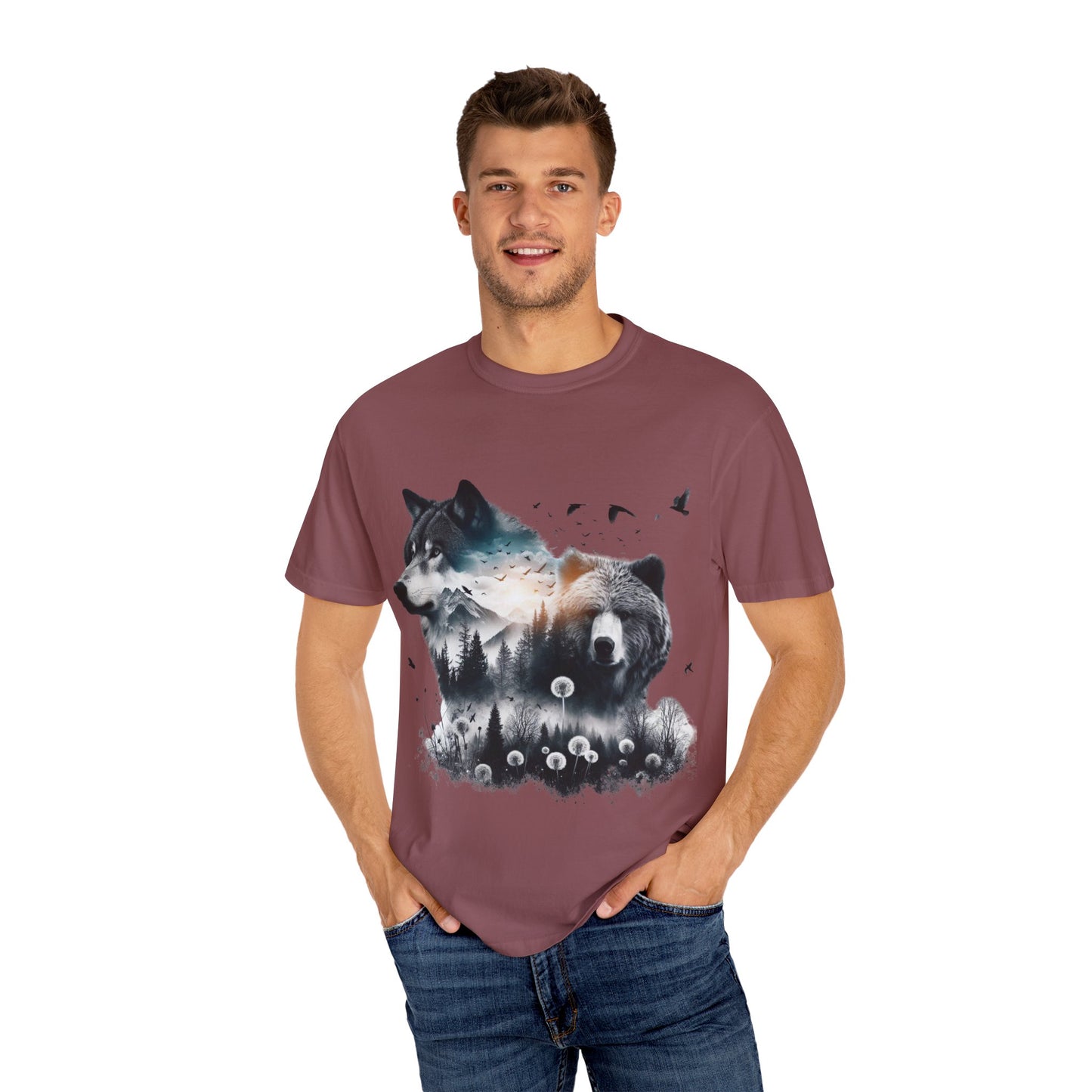 Nature-Inspired Graphic T-Shirt, Wolf and Bear Design, Unisex Nature Tee, Adventure Shirt, Hiking Apparel