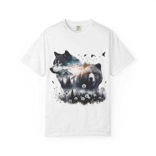 Nature-Inspired Graphic T-Shirt, Wolf and Bear Design, Unisex Nature Tee, Adventure Shirt, Hiking Apparel