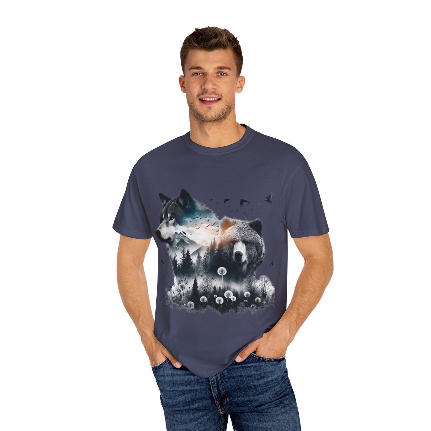 Nature-Inspired Graphic T-Shirt, Wolf and Bear Design, Unisex Nature Tee, Adventure Shirt, Hiking Apparel